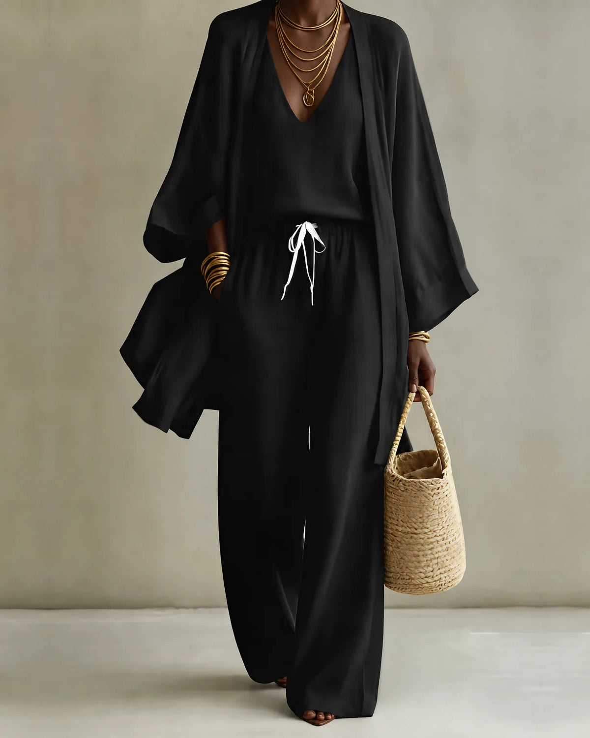 Tanisha | 3-piece Linen Look Set - Black