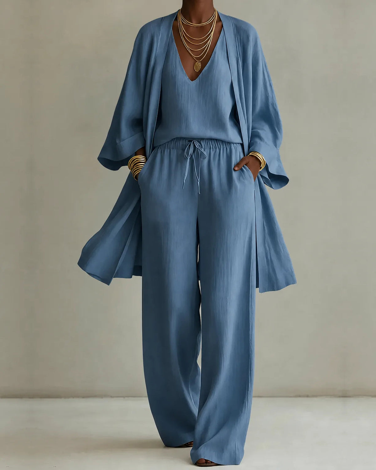 Tanisha | 3-piece Linen Look Set - Blue