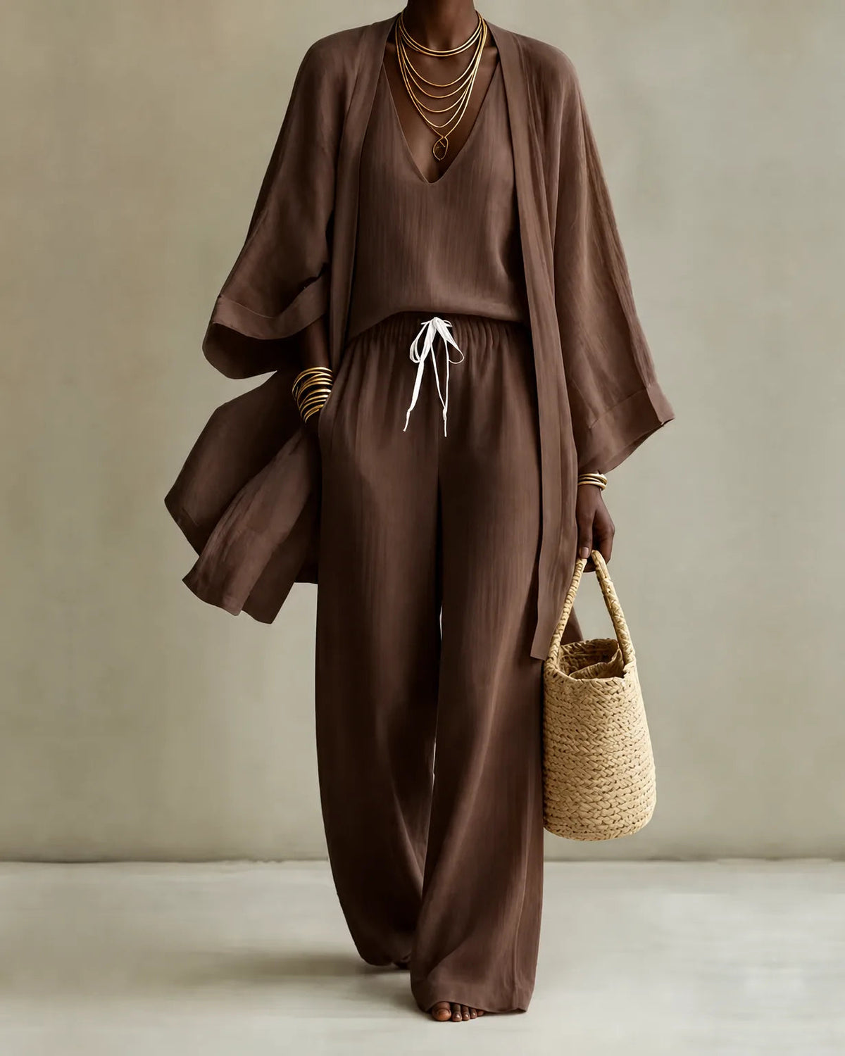 Tanisha | 3-piece Linen Look Set - Brown