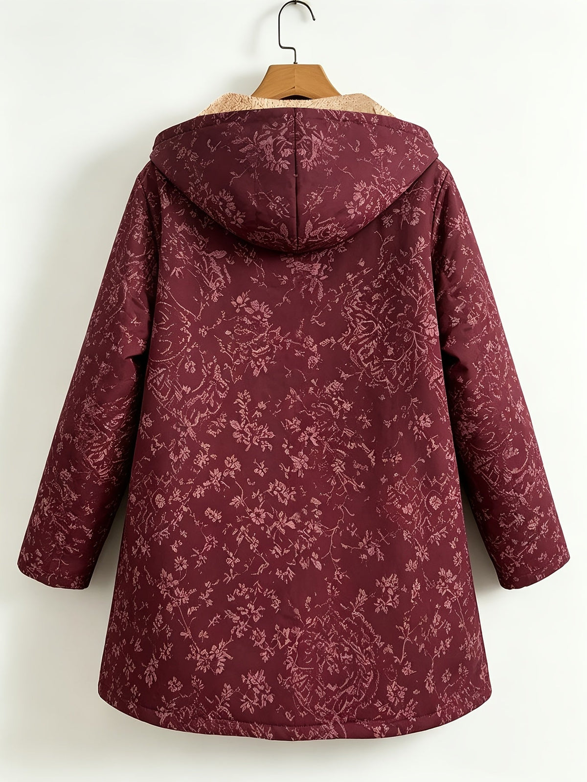 Rosemary | Fleece-Lined Floral Hooded Coat - Burgundy