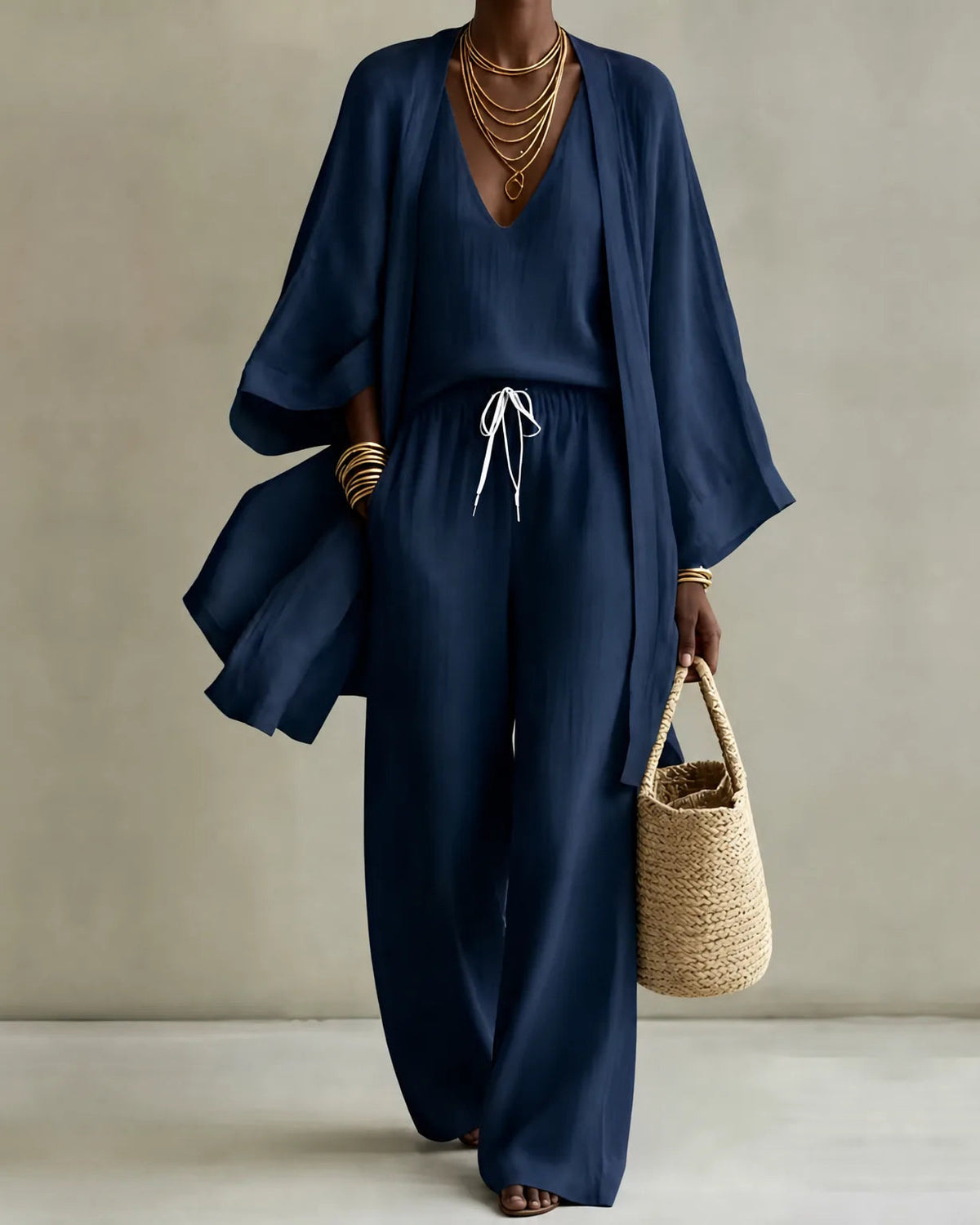 Tanisha | 3-piece Linen Look Set - Dark Blue