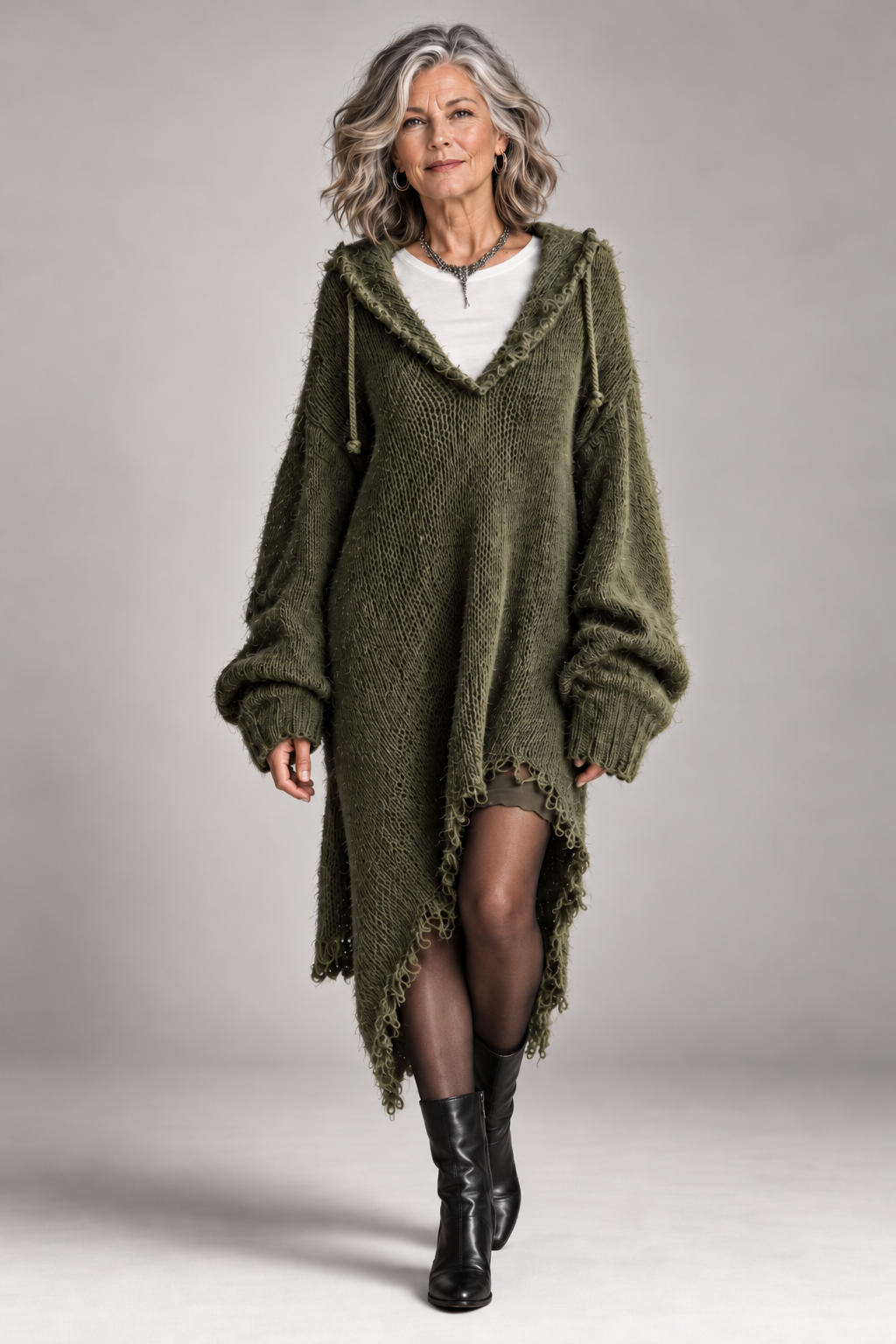 Elena | Fuzzy Knit Hooded Oversized Dress