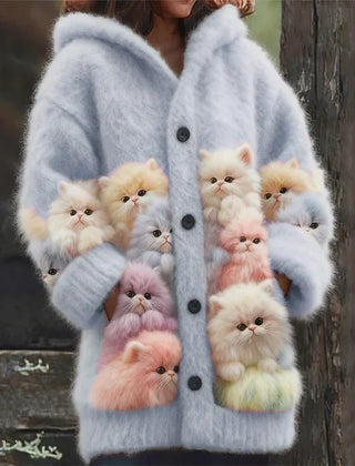 Kelsey - Soft Hoodie Cardigan with Cats - Blue