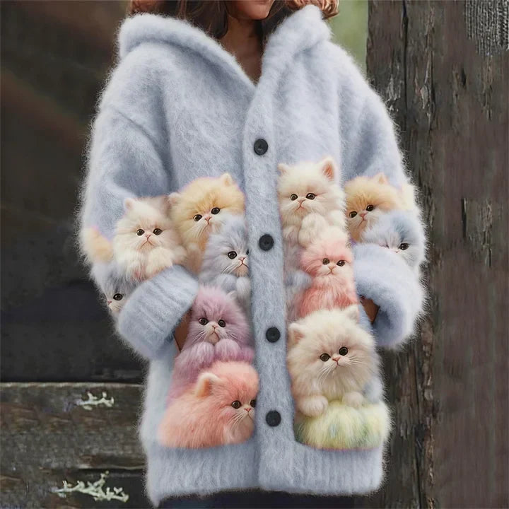 Kelsey - Soft Hoodie Cardigan with Cats - Blue