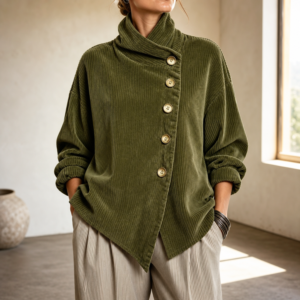 Tina | Asymmetric Corduroy Top - Olive
