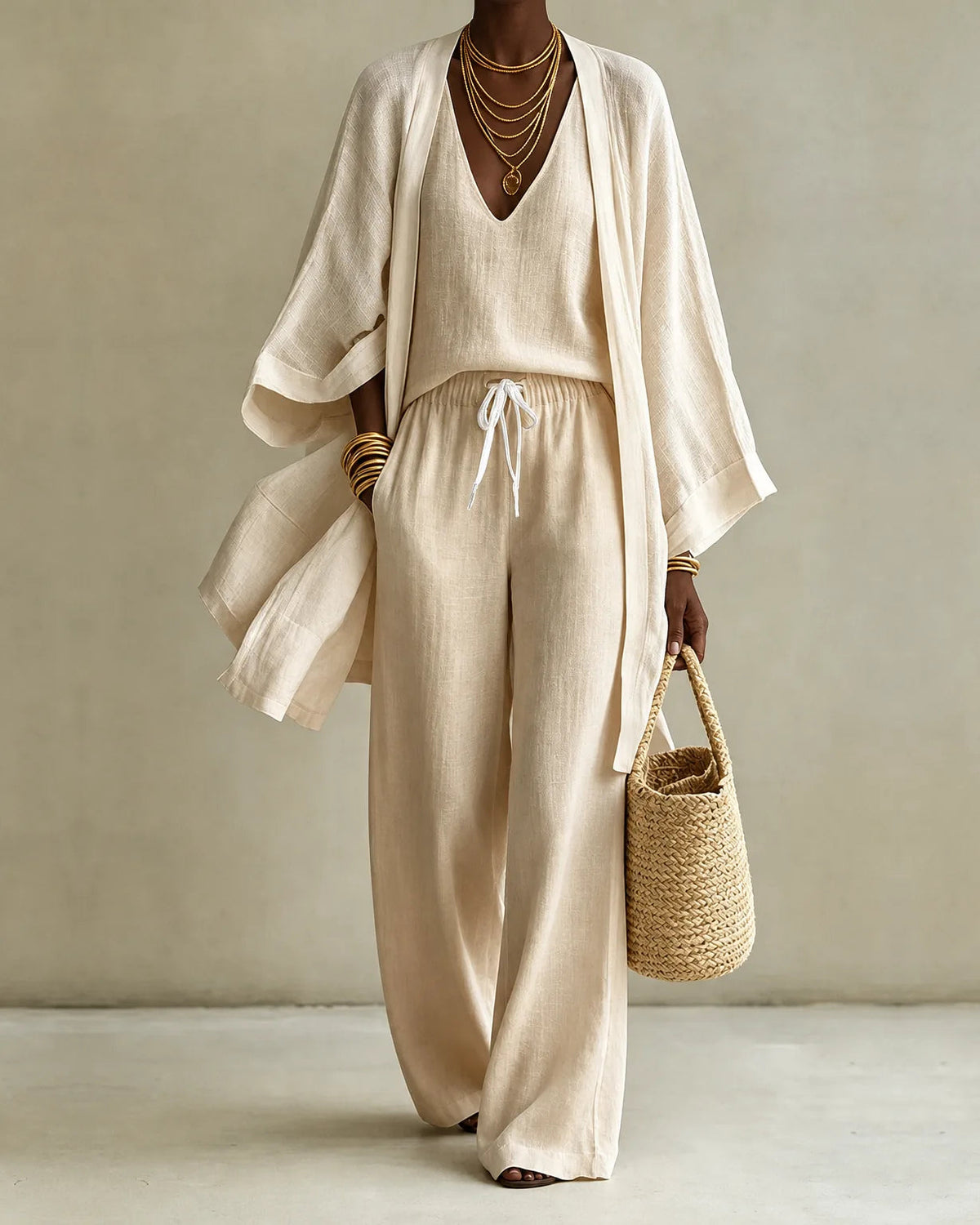 Tanisha | 3-piece Linen Look Set - Khaki