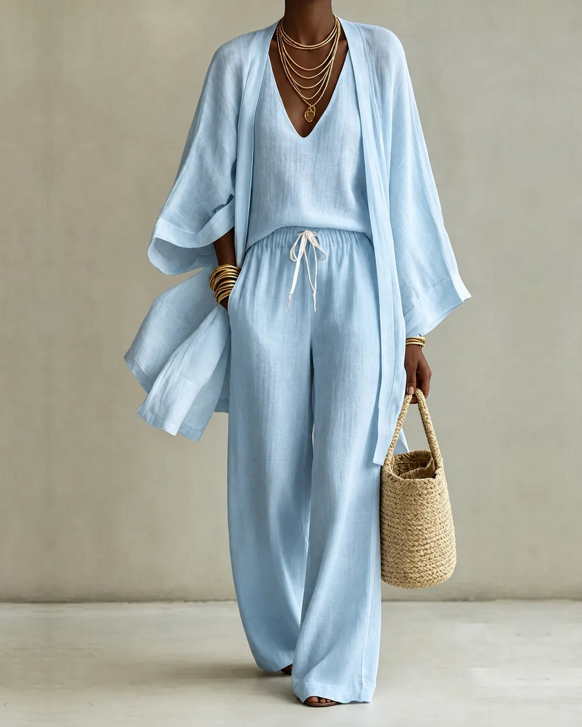 Tanisha | 3-piece Linen Look Set - Light Blue