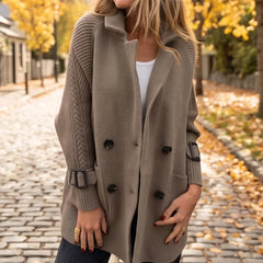 MATILDA | DOUBLE-BREASTED KNIT-SLEEVE LONG COAT - Olive