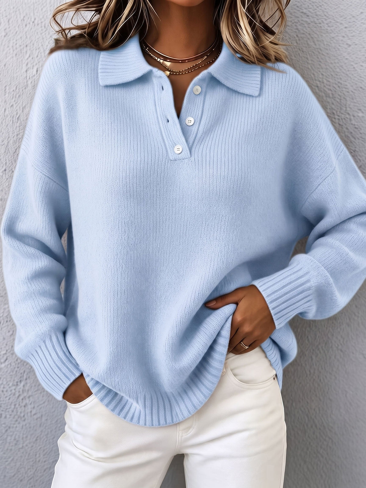 Marvelle | Chic Polo Hooded Knit Sweater - Blue
