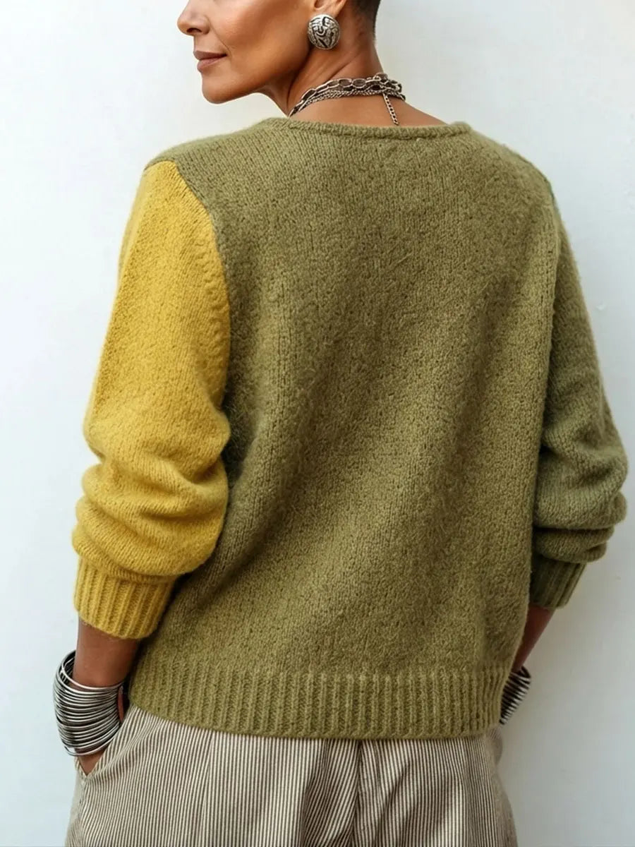 Artistic Cozy Asymmetric Colour-block Knit Sweater - Green