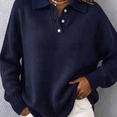 Marvelle | Chic Polo Hooded Knit Sweater - Navy