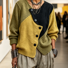 Artistic Cozy Asymmetric Colour-block Knit Sweater - Green