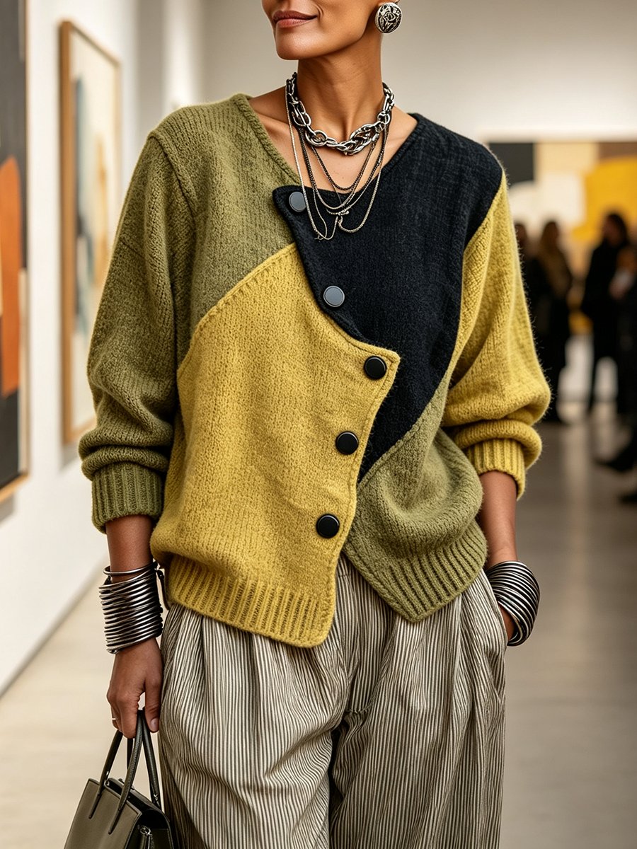 Artistic Cozy Asymmetric Colour-block Knit Sweater - Green