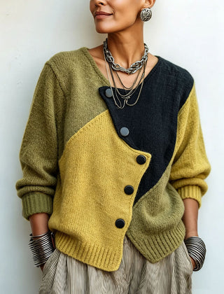 Artistic Cozy Asymmetric Colour-block Knit Sweater - Green