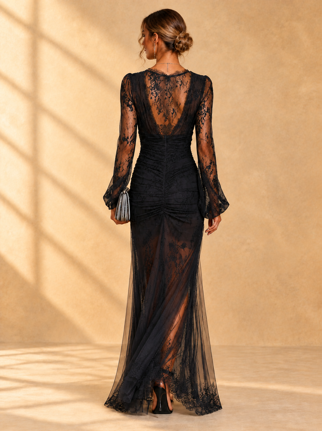 Valetina | Long black dress with deep V-neck and dramatic slit – Sarah ...