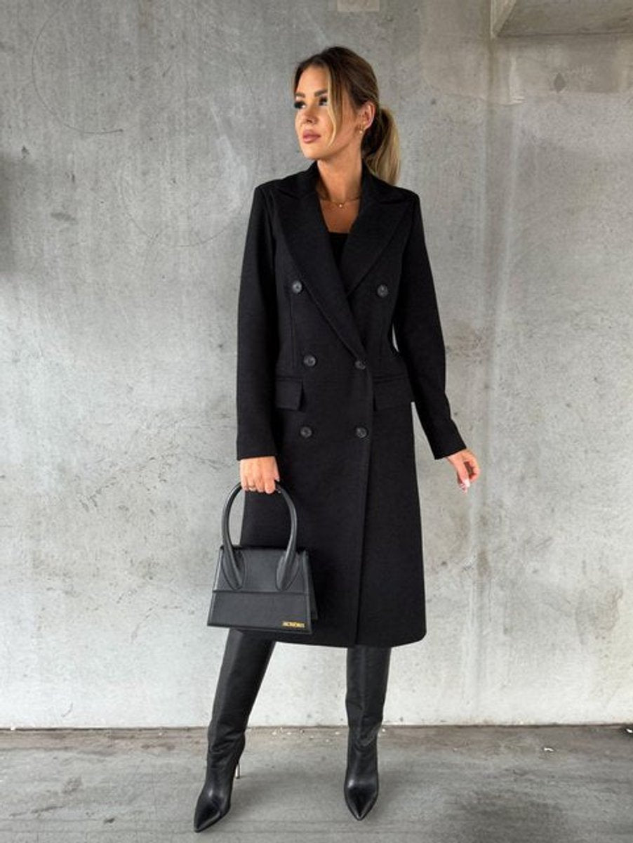 Emeline | Double-Breasted Longline Overcoat - Black