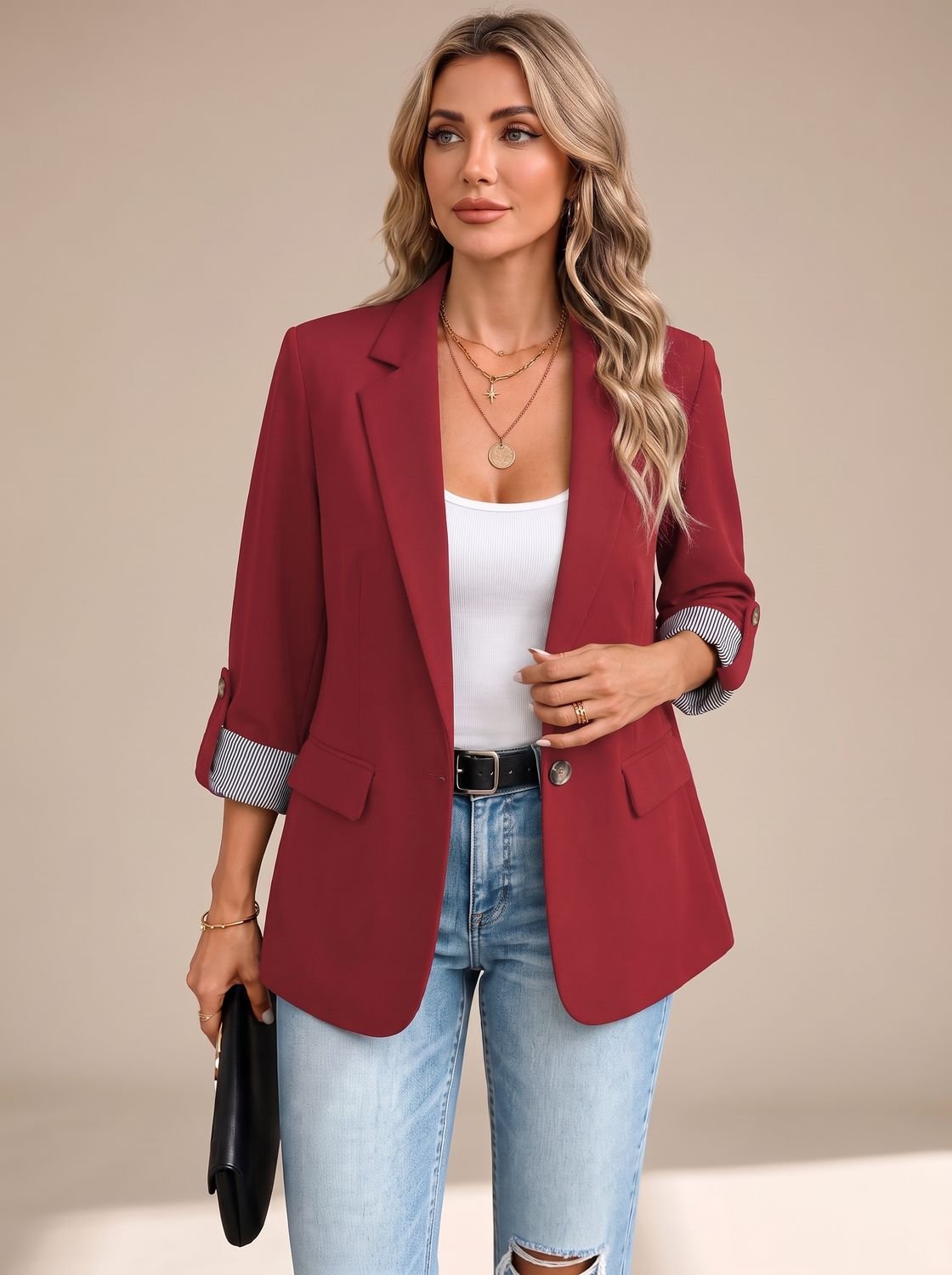Cora | Rollable-Sleeve Soft-Tailored Blazer - Red