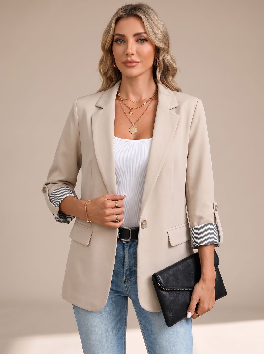 Cora | Rollable-Sleeve Soft-Tailored Blazer - Apricot