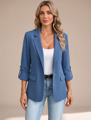 Cora | Rollable-Sleeve Soft-Tailored Blazer - Blue Plain Sleeve