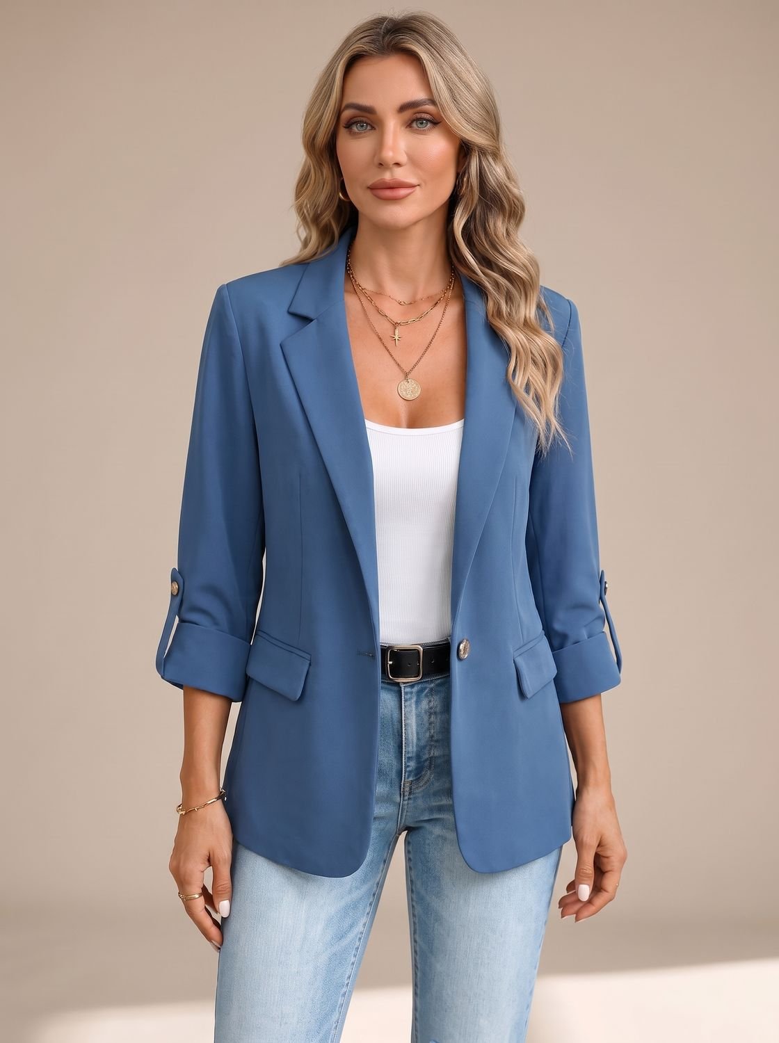 Cora | Rollable-Sleeve Soft-Tailored Blazer - Blue Plain Sleeve